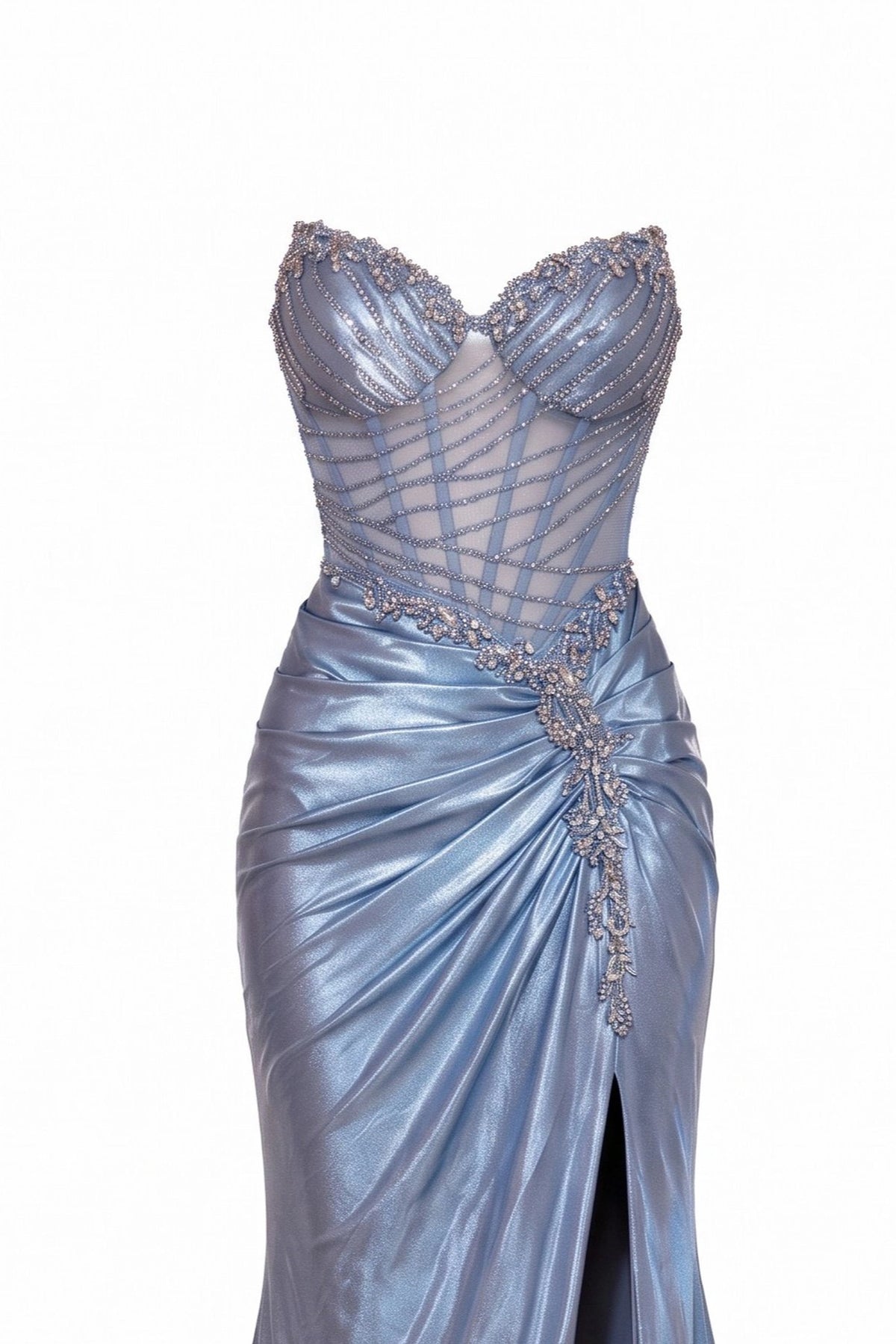 Detail of this Dusty Blue prom and evening dress shows sparkling beadwork.