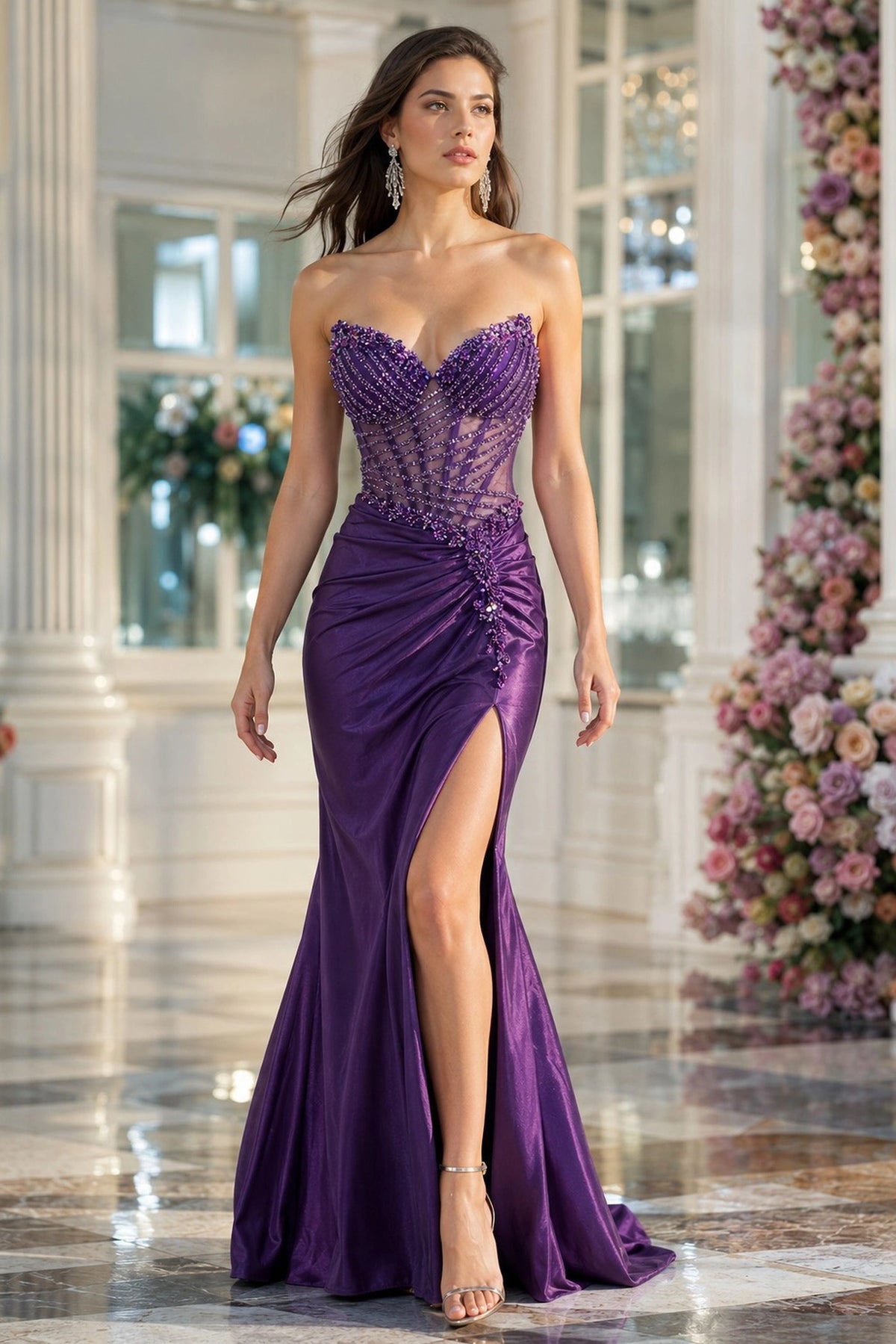 Purple prom and evening dress with a sweetheart neckline and floor-length skirt.