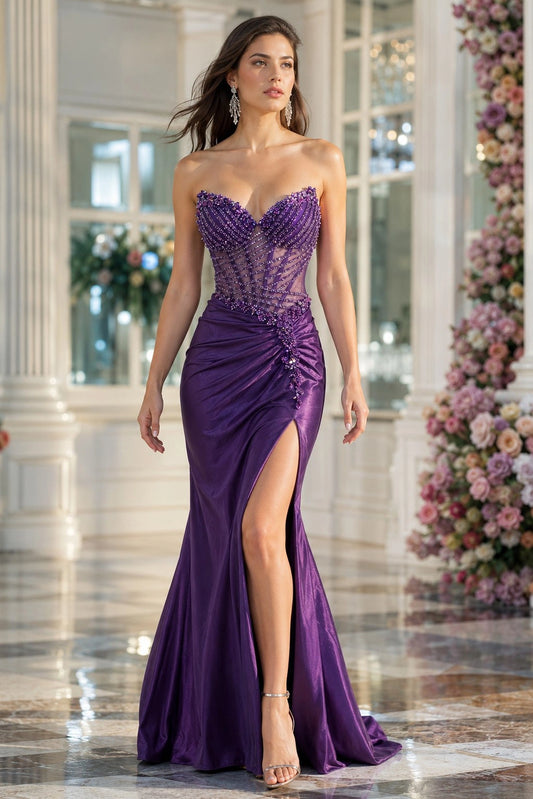 Purple prom and evening dress with a sweetheart neckline and floor-length skirt.
