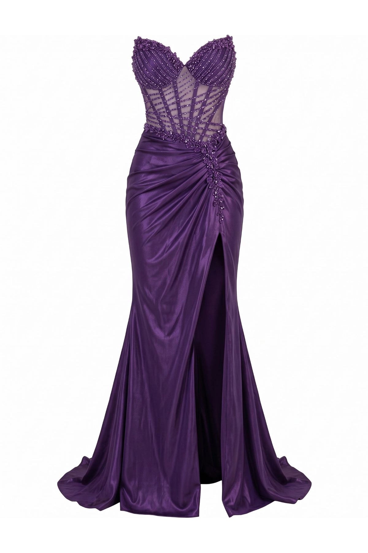 Beaded detailing accents this Purple prom and evening dress.