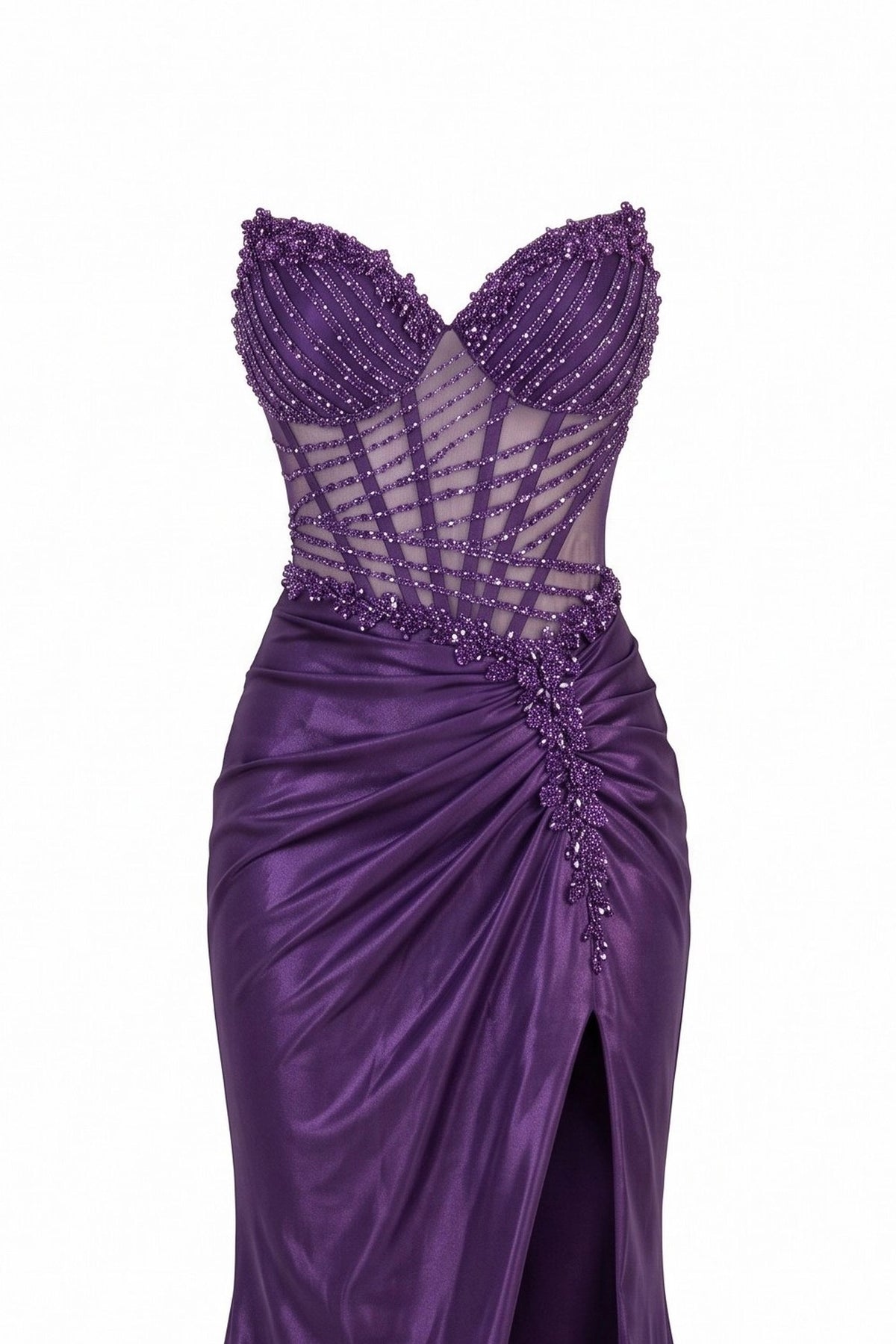 Detail of this Purple prom and evening dress shows sparkling beadwork.