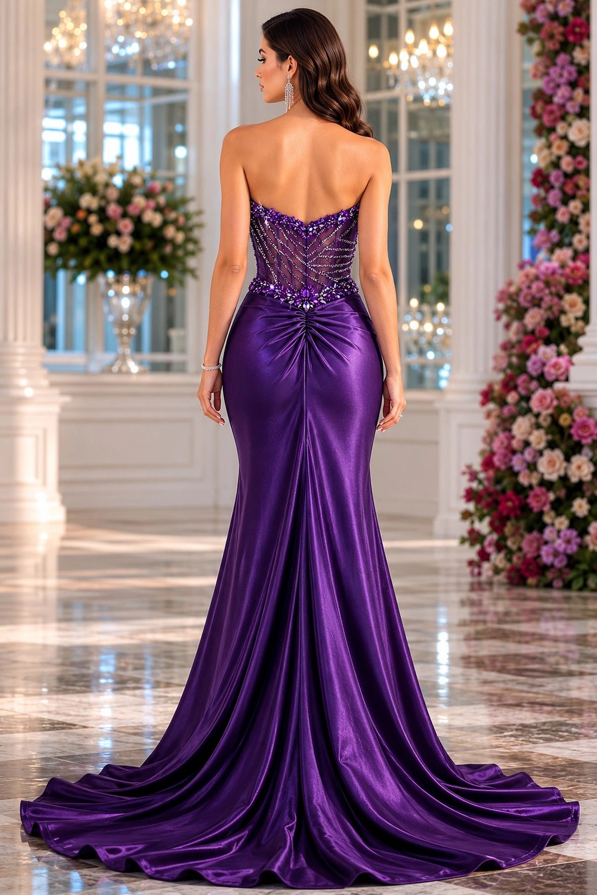 Back view of this Purple prom and evening dress highlights the fitted back and flowing hem.