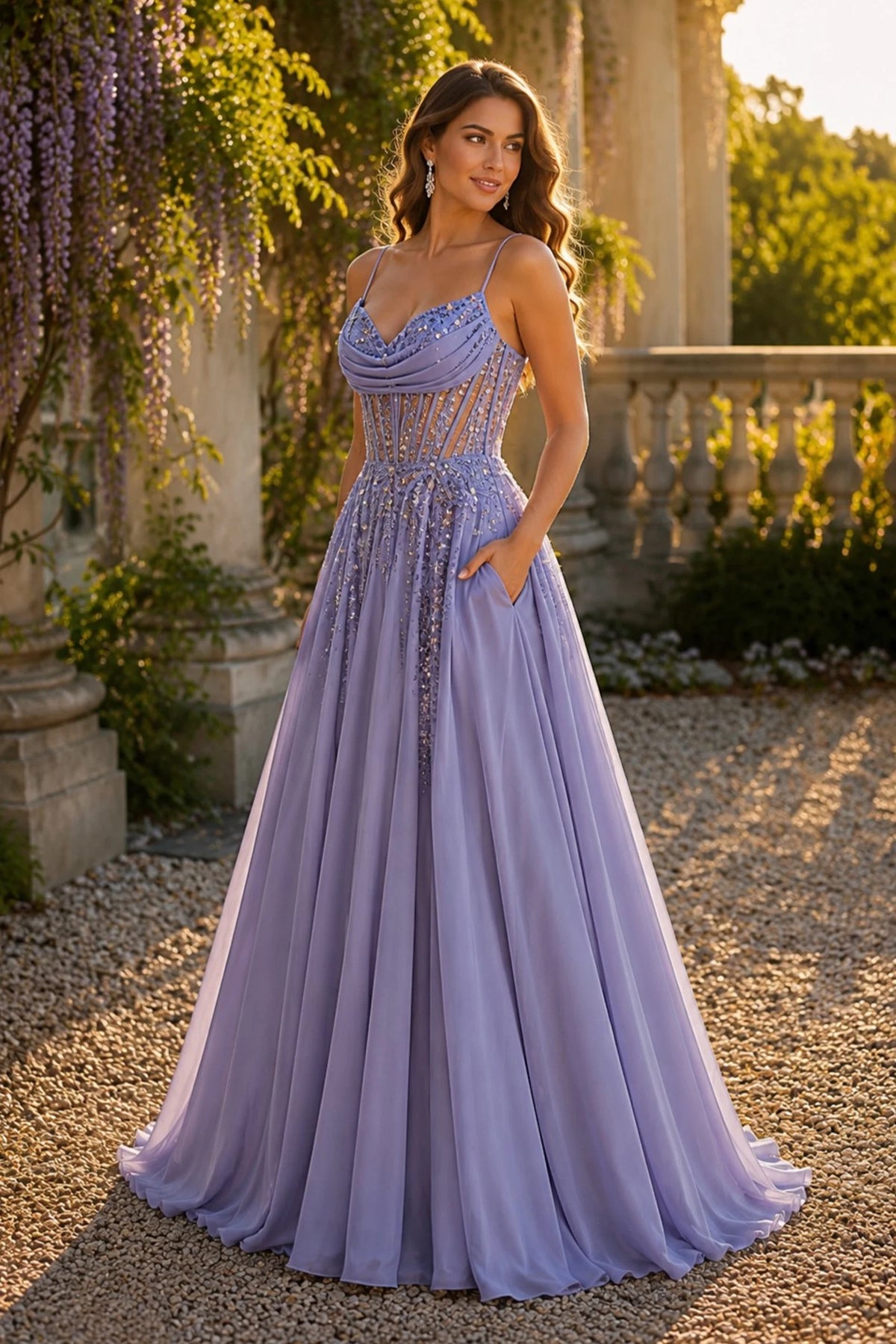 Lilac prom and evening dress with a cowl neckline and satin skirt.