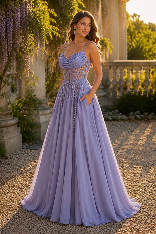 Lilac prom and evening dress with a cowl neckline and satin skirt.