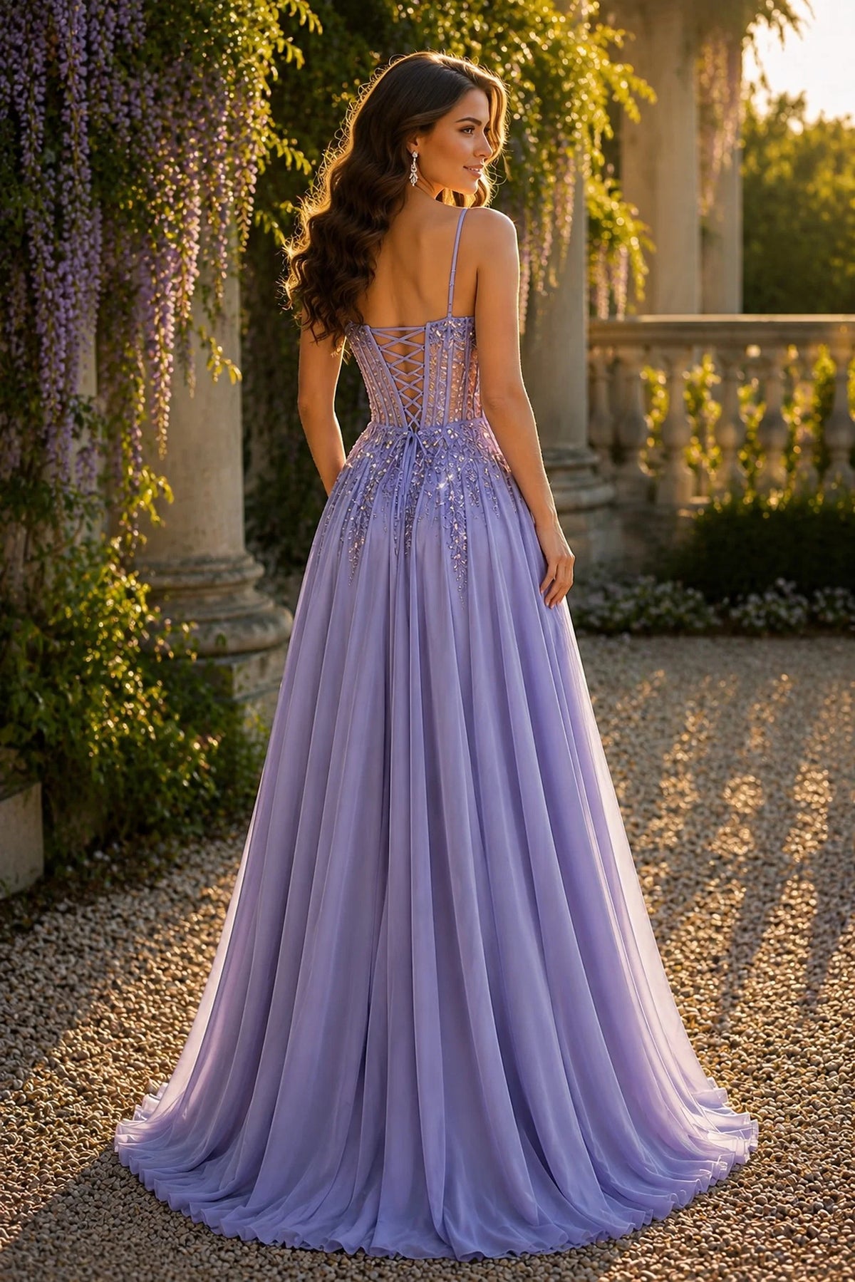 Back view of this Lilac prom and evening dress highlights the lace-up back.
