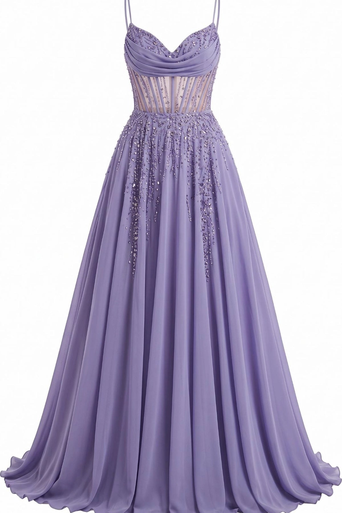 Beaded detailing accents this Lilac prom and evening dress.