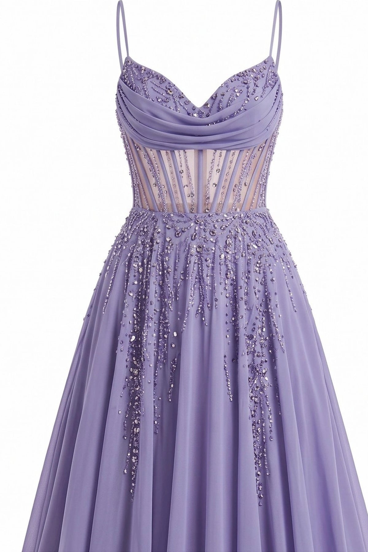 Detail of this Lilac prom and evening dress shows floral lace and beadwork.