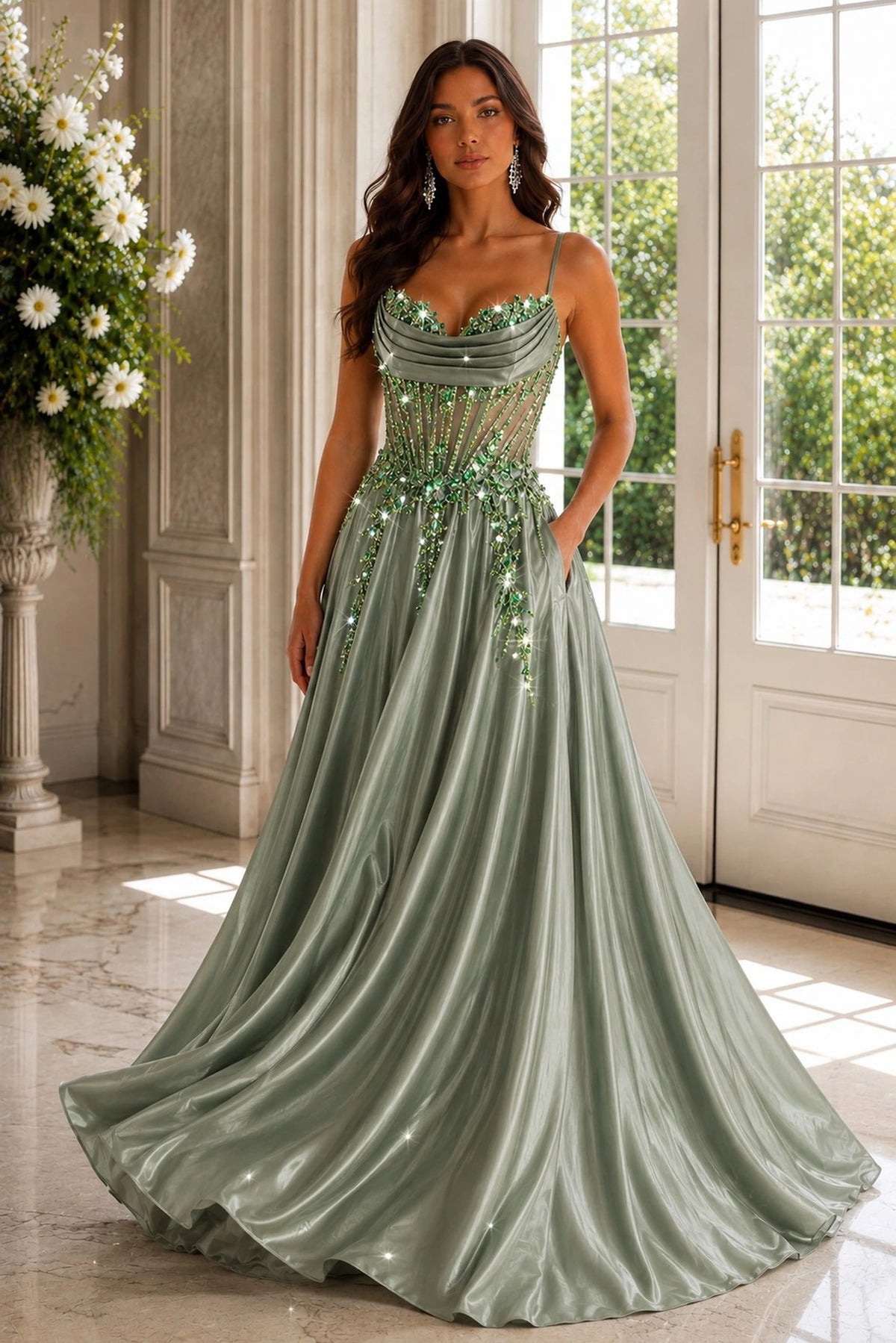 Sage prom and evening dress with a cowl neckline and satin skirt.