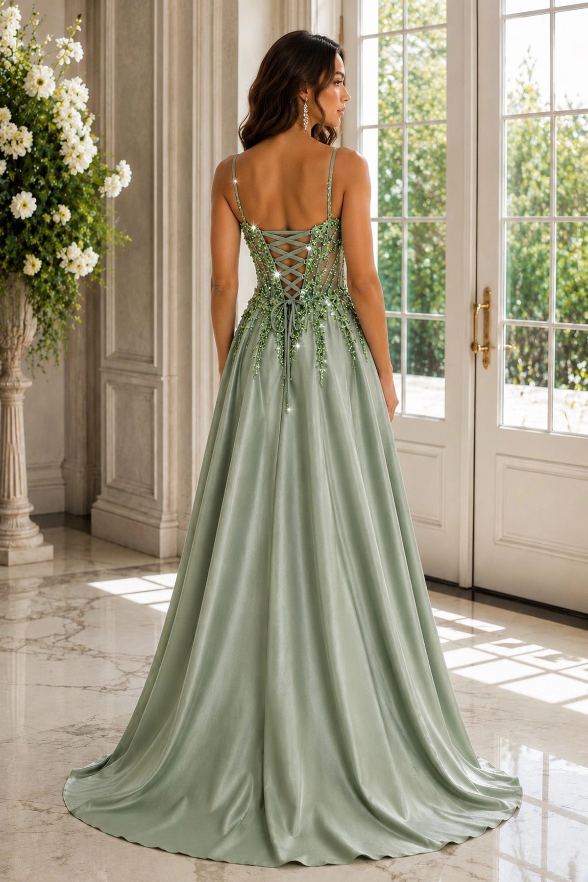 Back view of this Sage prom and evening dress highlights the lace-up back.
