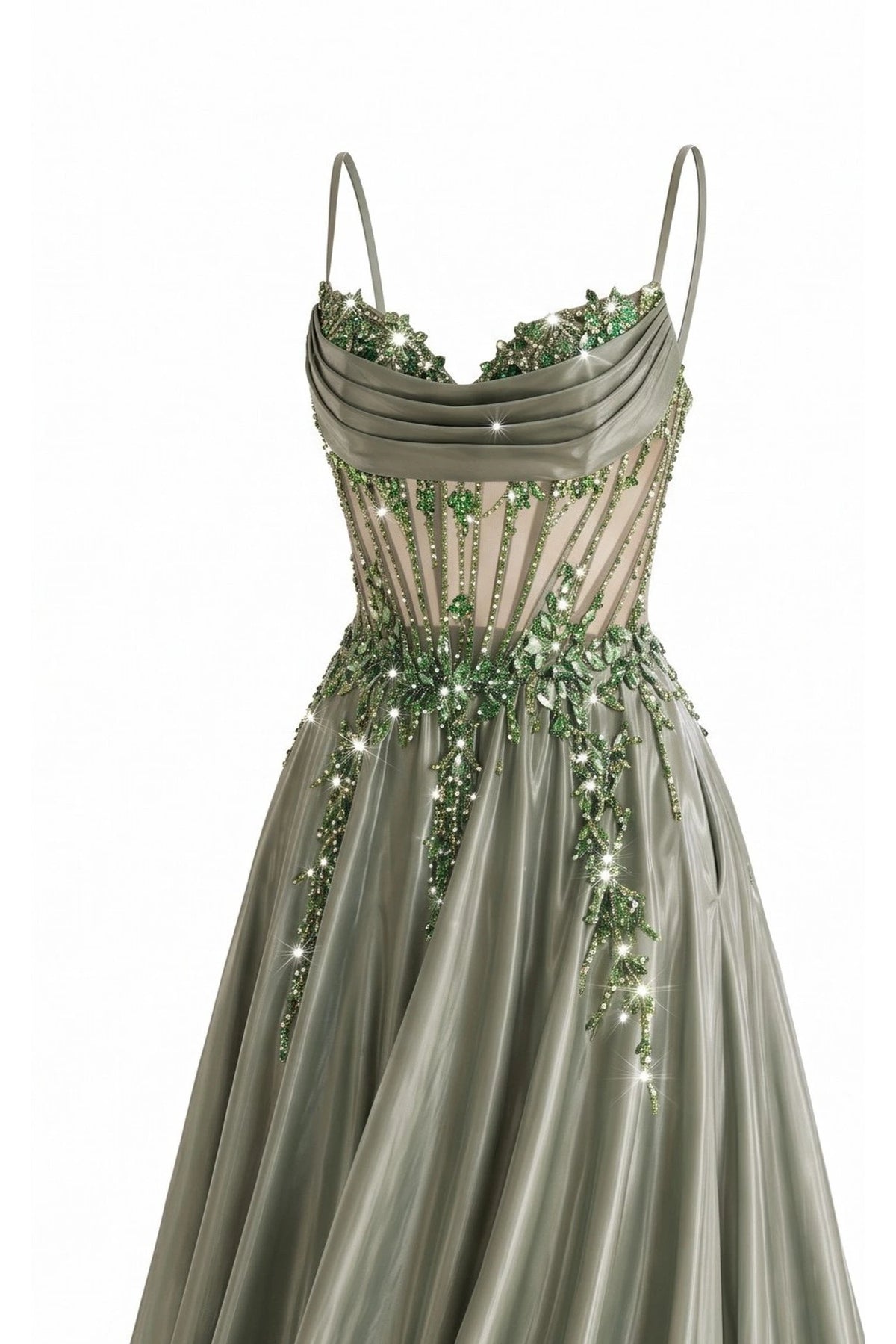 Detail of this Sage prom and evening dress shows floral lace and beadwork.
