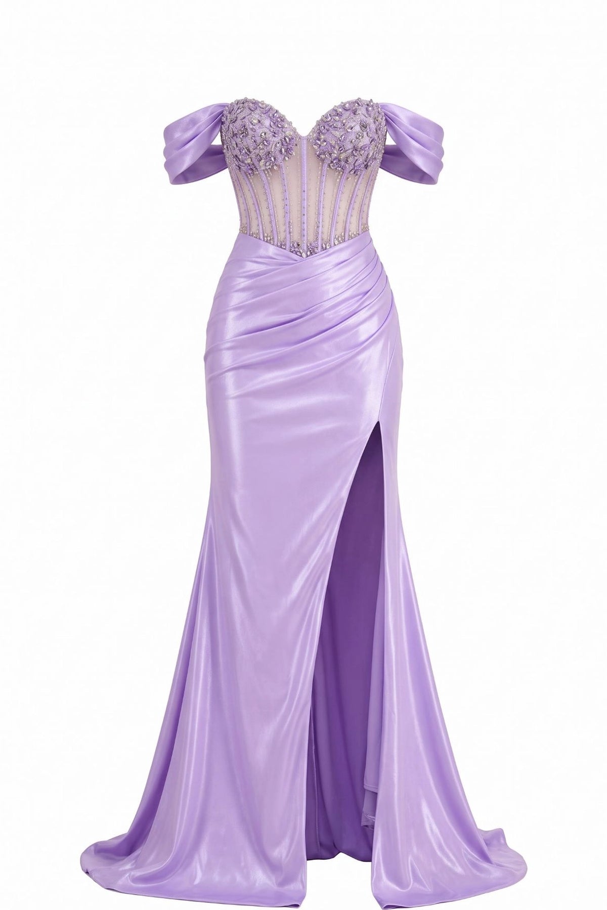Beaded detailing accents this Lilac prom and evening dress.
