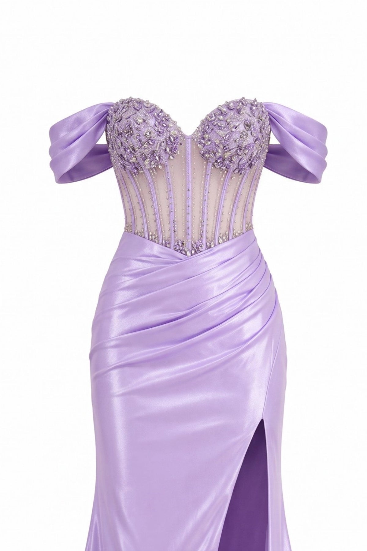 Detail of this Lilac prom and evening dress shows sparkling beadwork.