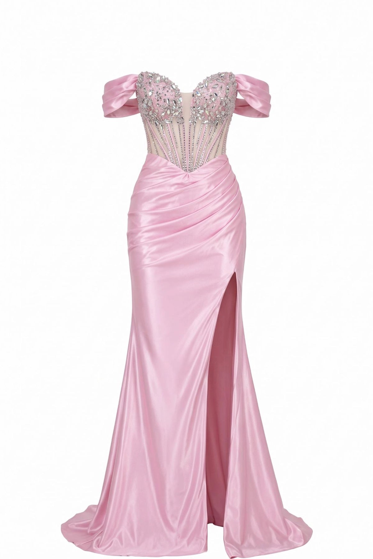 Beaded detailing accents this Pink prom and evening dress.