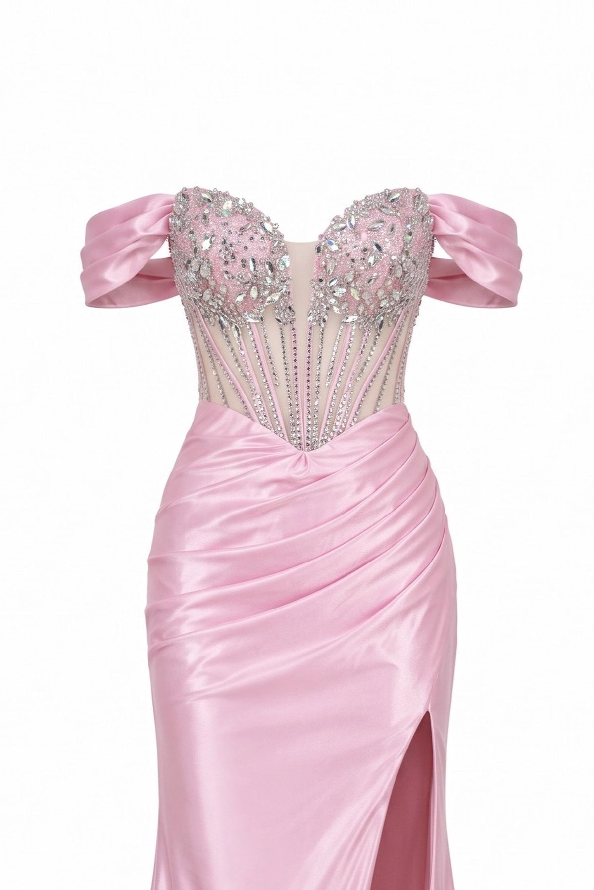 Detail of this Pink prom and evening dress shows sparkling beadwork.