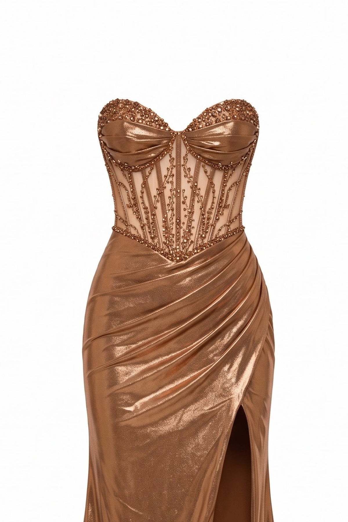 Detail of this Mocha prom and evening dress shows sparkling beadwork.