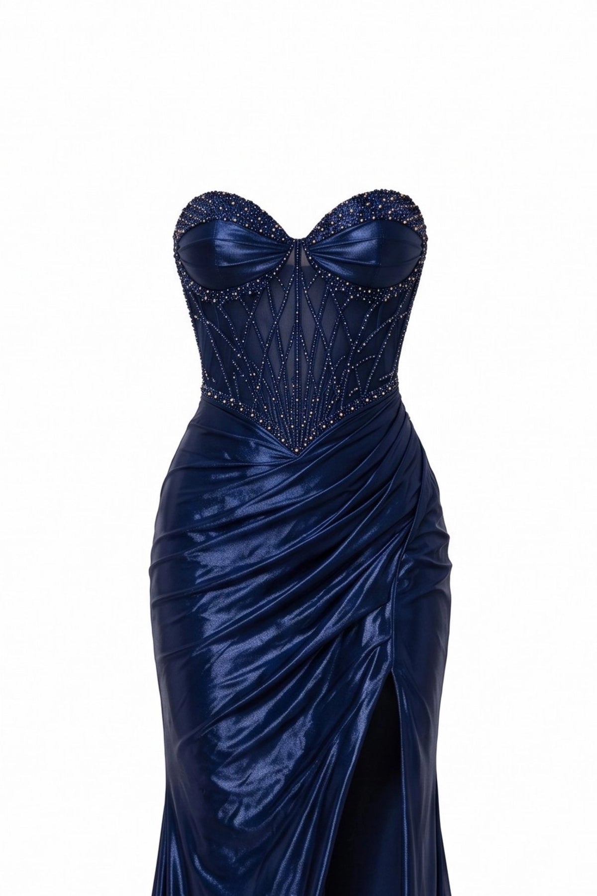 Detail of this Navy prom and evening dress shows sparkling beadwork.