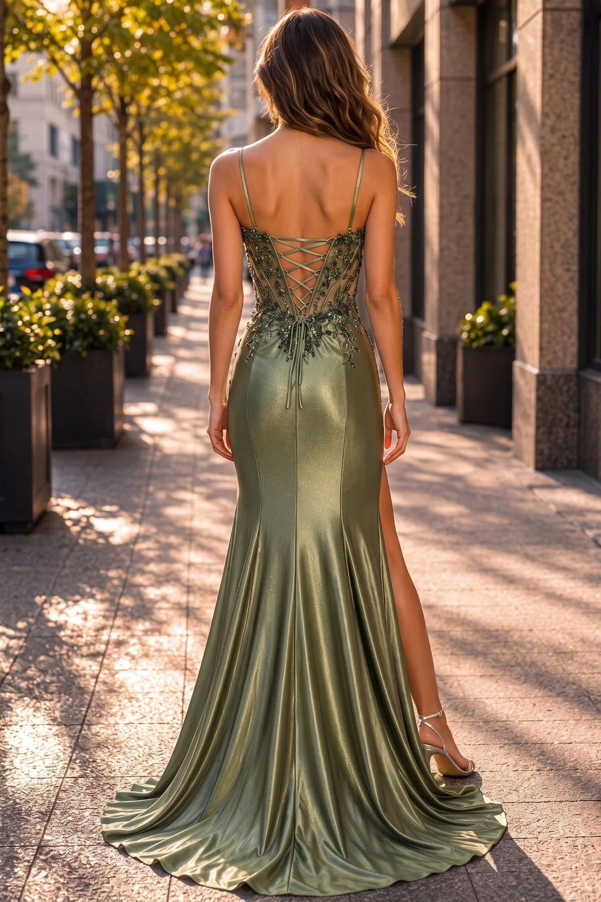 Back view of this Olive prom and evening dress highlights the lace-up back.