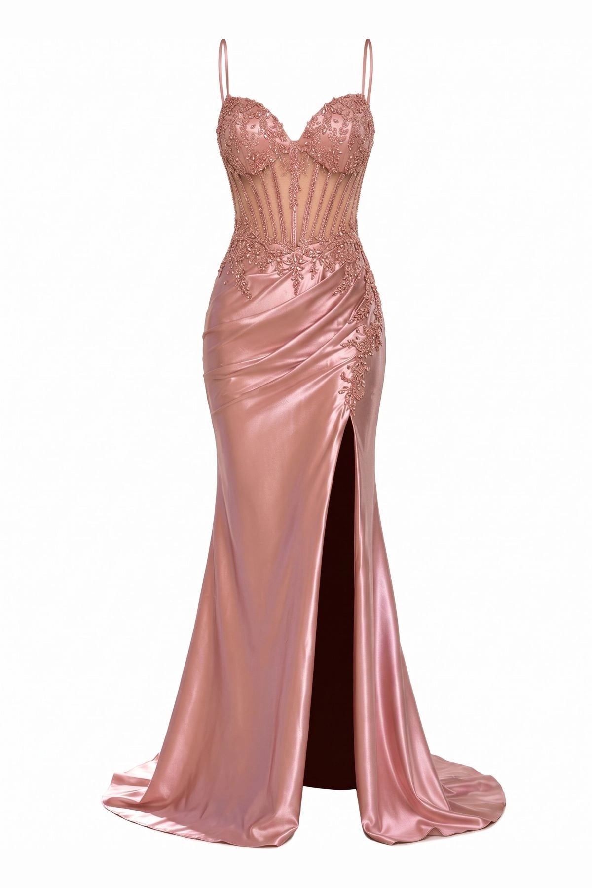 Beaded detailing accents this Rose Gold prom and evening dress.
