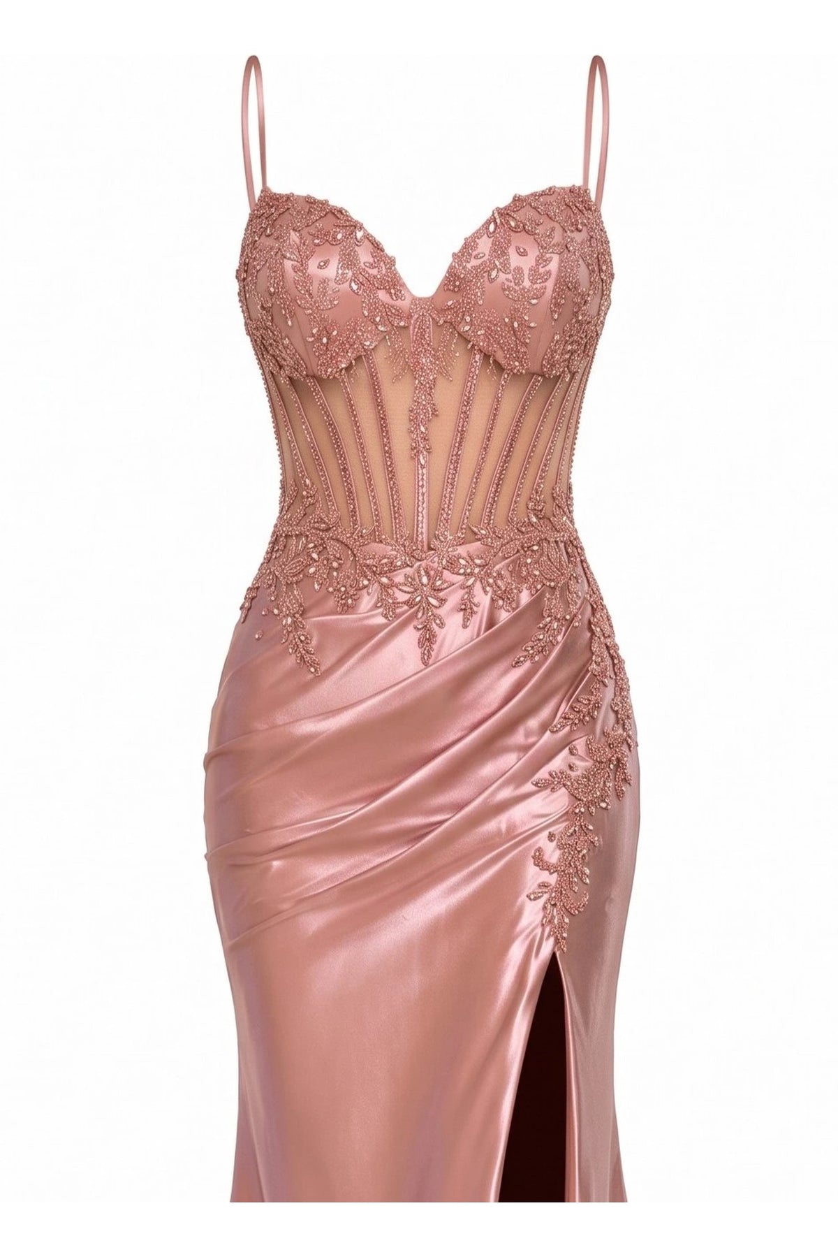 Detail of this Rose Gold prom and evening dress shows sparkling beadwork.