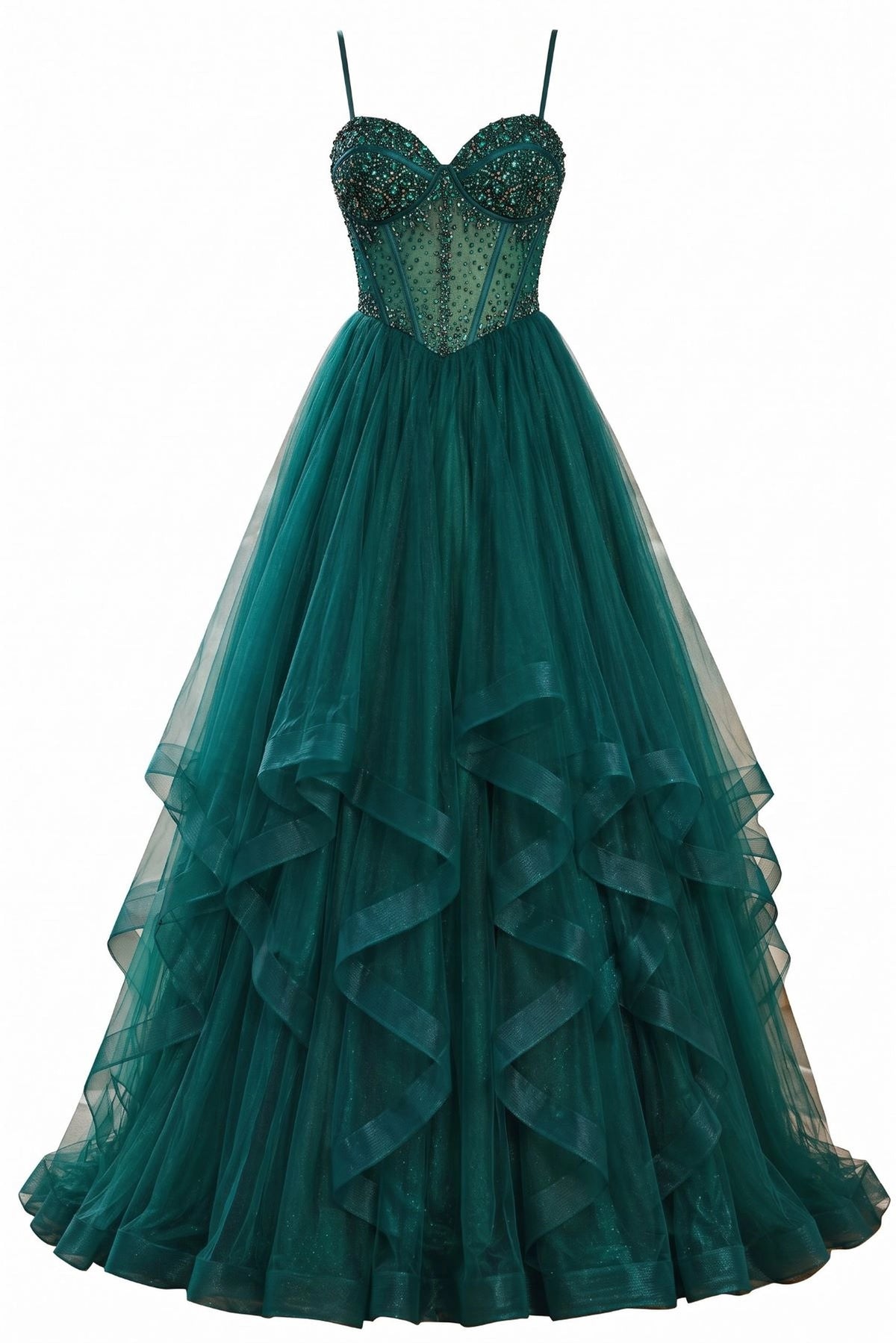 Ruffled tulle tiers cascade down this Green prom and evening dress.