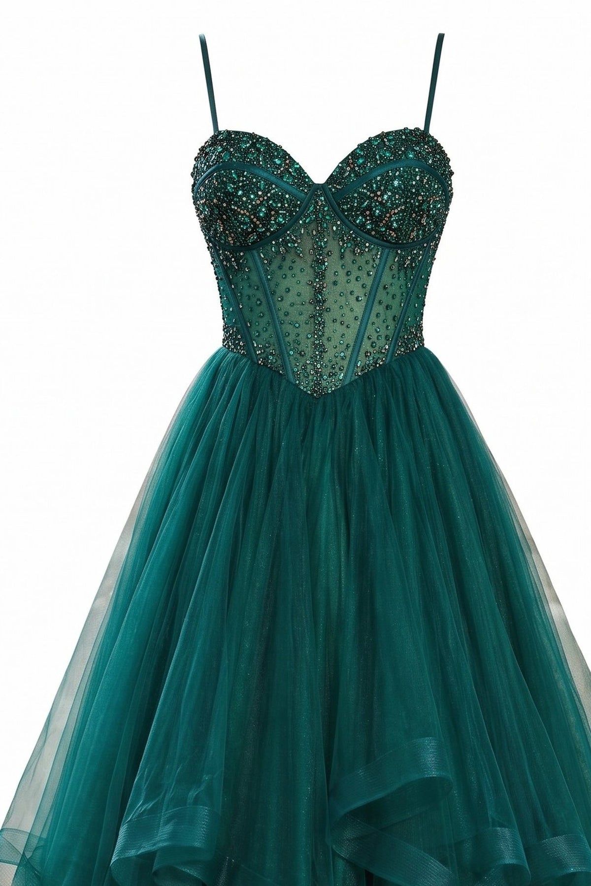 Beaded accents and slender straps frame the neckline of this Green prom and evening dress.