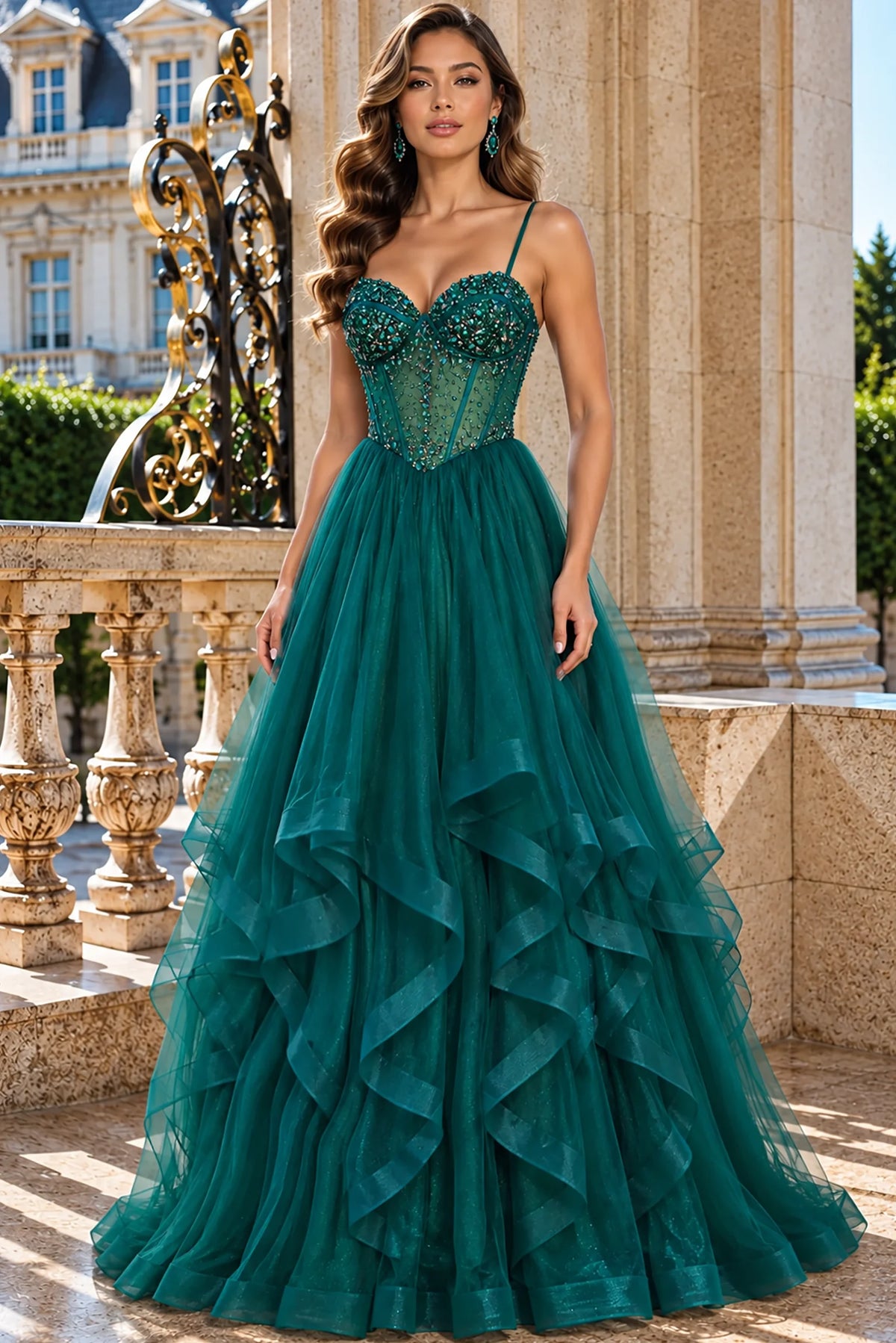 Sweetheart beadwork highlights this Green prom and evening dress above its tiered tulle skirt.