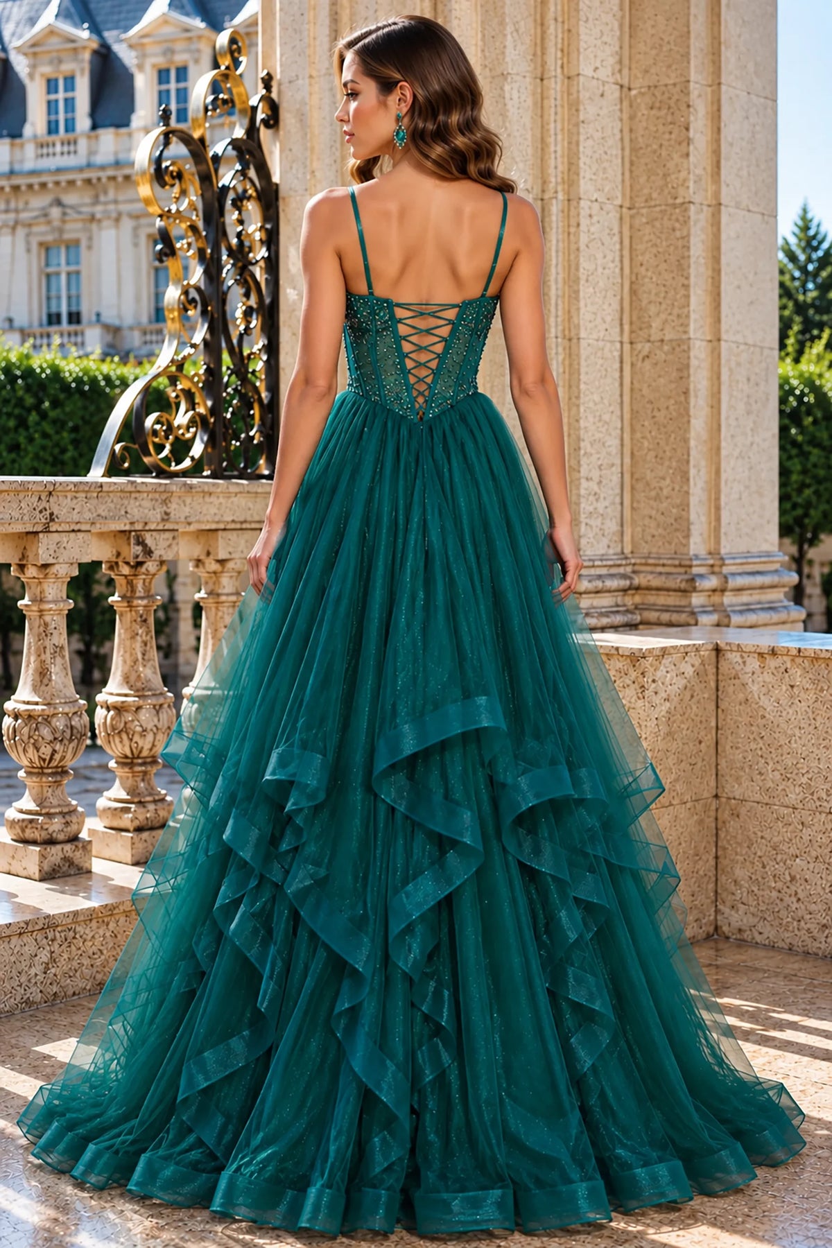 Lace-up detailing completes the back of this Green prom and evening dress with cascading tulle ruffles.