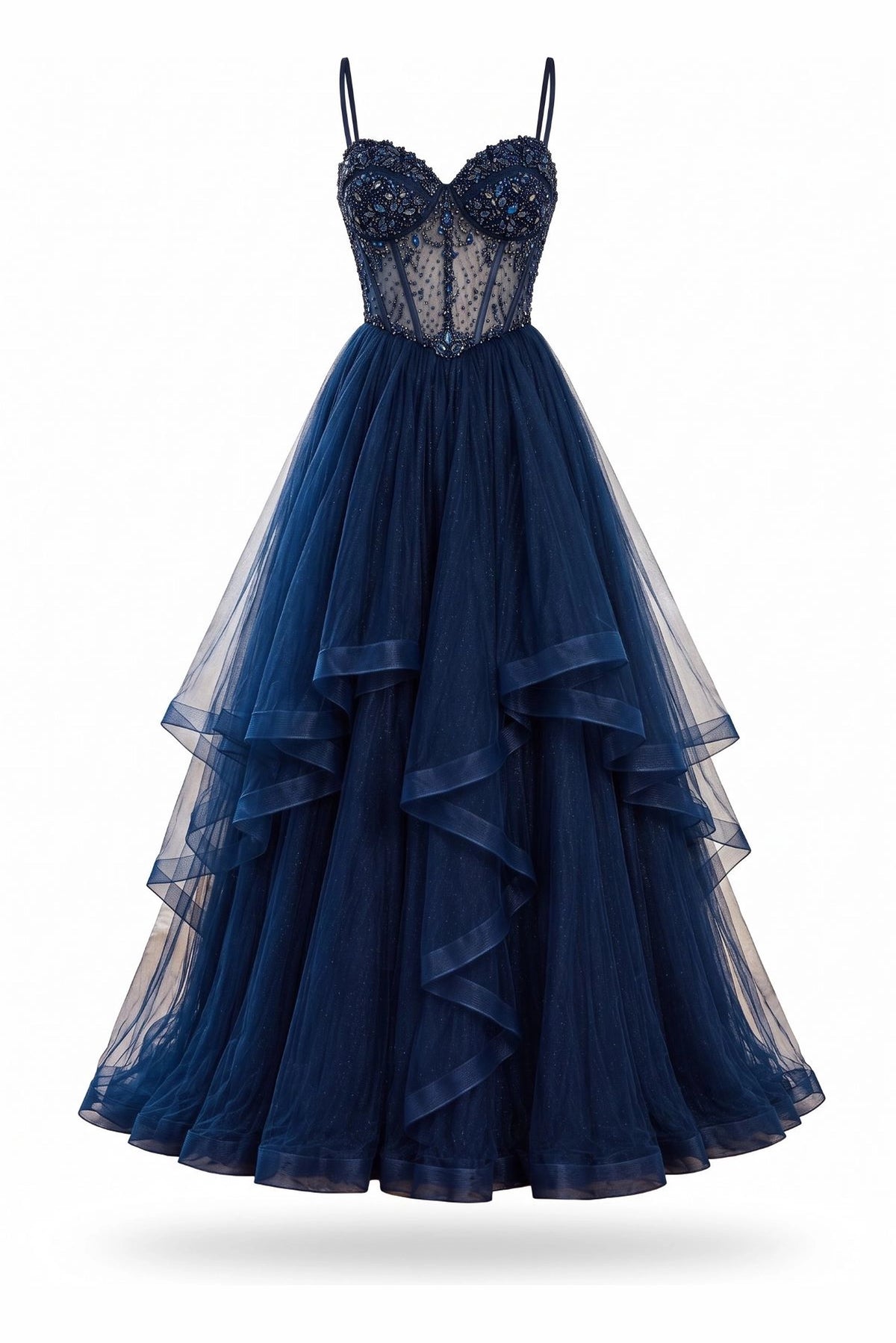 Ruffled layers shape this Navy prom and evening dress.