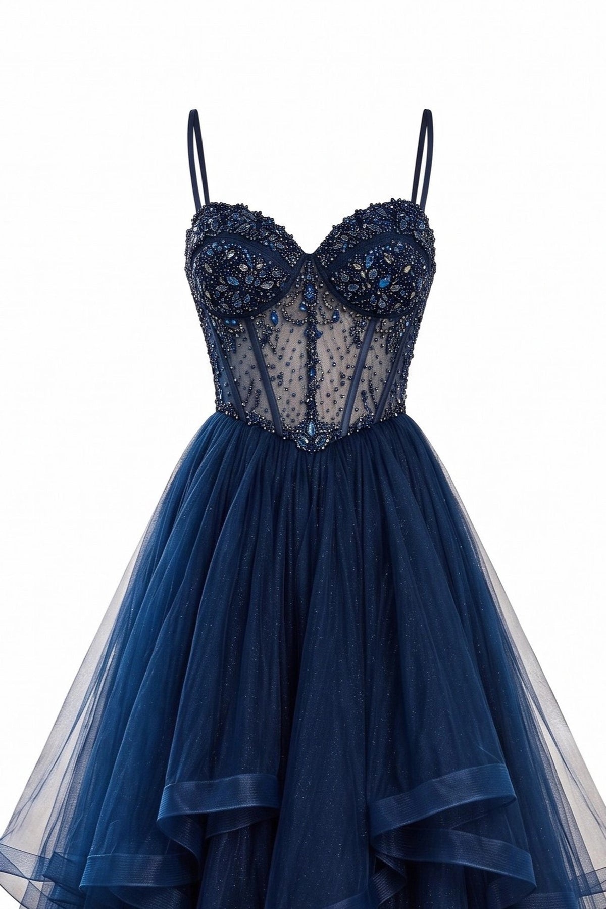 Detail of this Navy prom and evening dress shows sparkling beadwork.