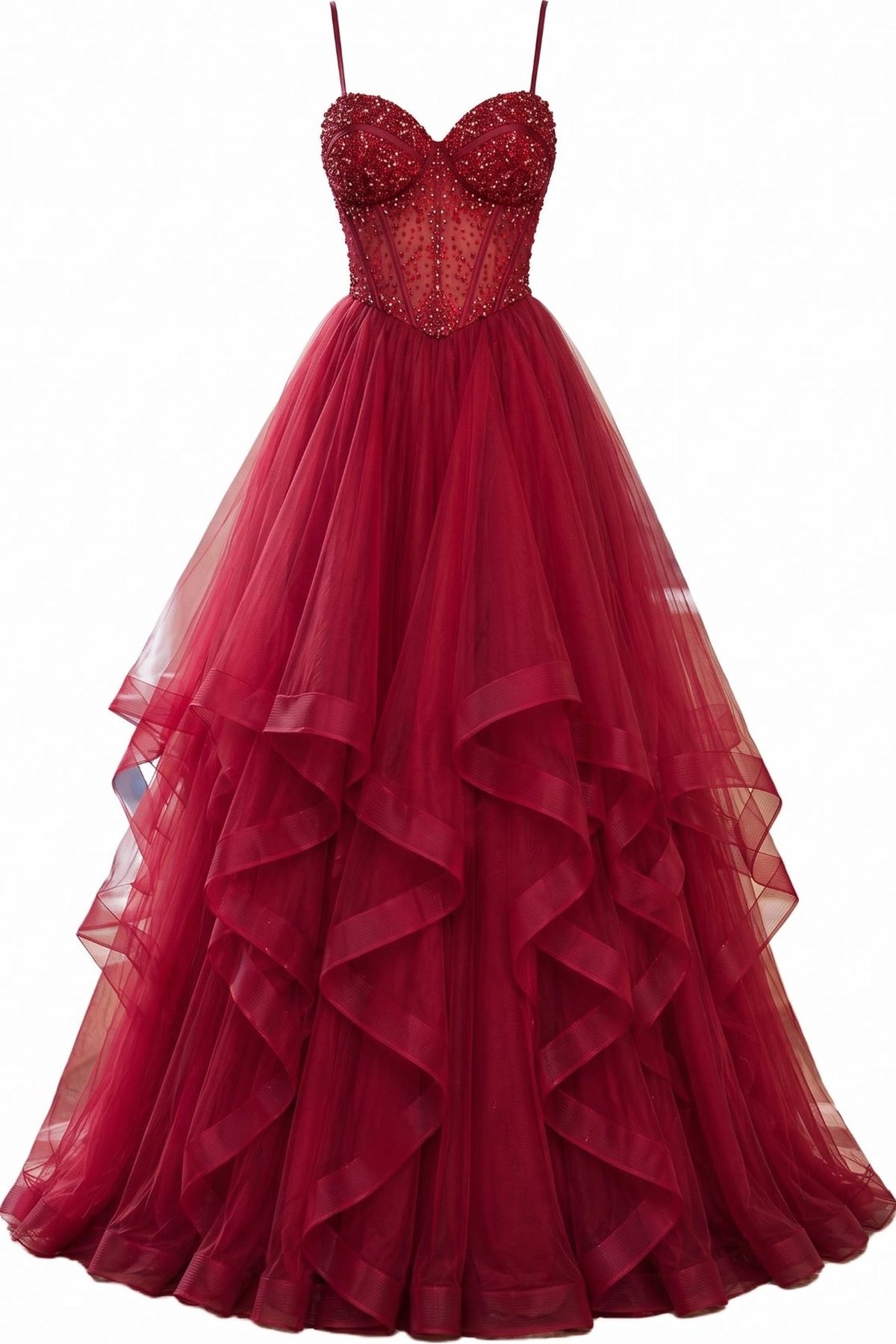 Ruffled layers shape this Wine prom and evening dress.