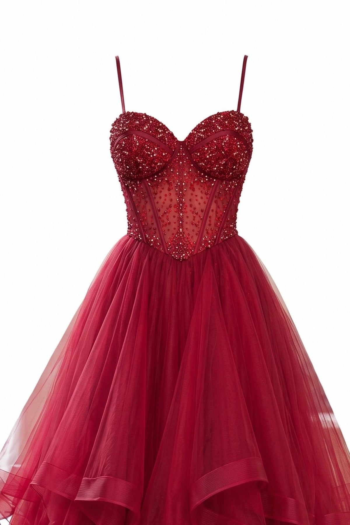 Detail of this Wine prom and evening dress shows sparkling beadwork.