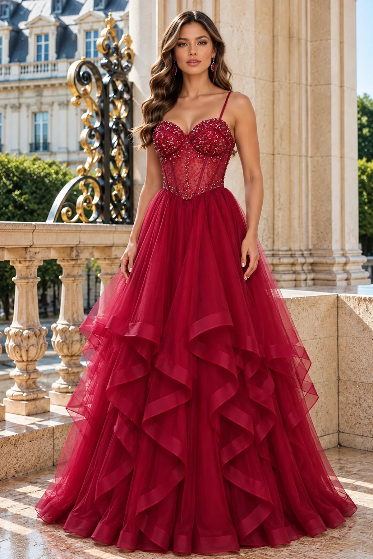 Sweetheart beadwork highlights this Wine prom and evening dress above its tiered tulle skirt.