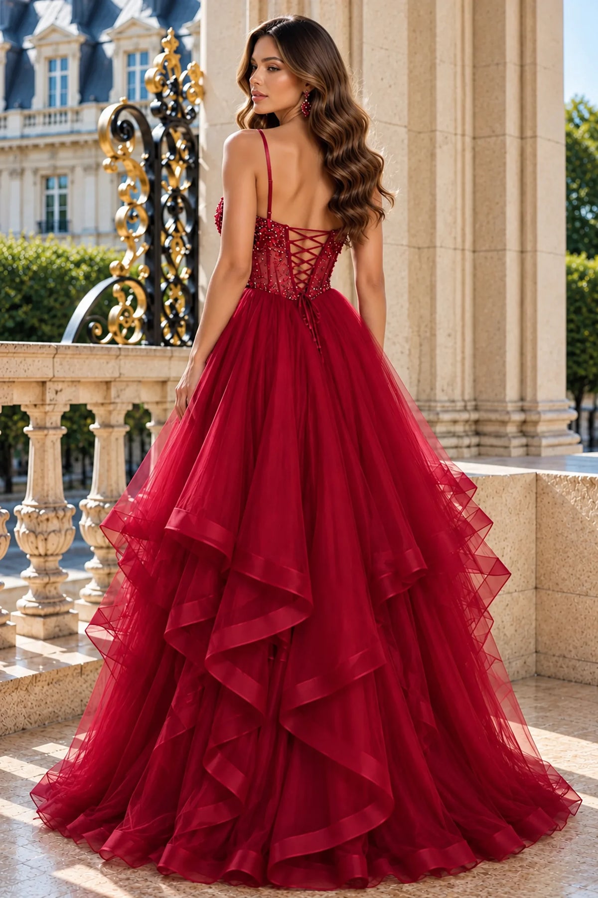 Lace-up detailing completes the back of this Wine prom and evening dress with cascading tulle ruffles.