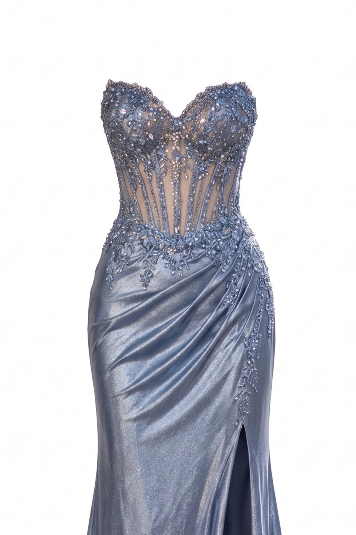 Detail of this Dusty Blue prom and evening dress shows sparkling beadwork.