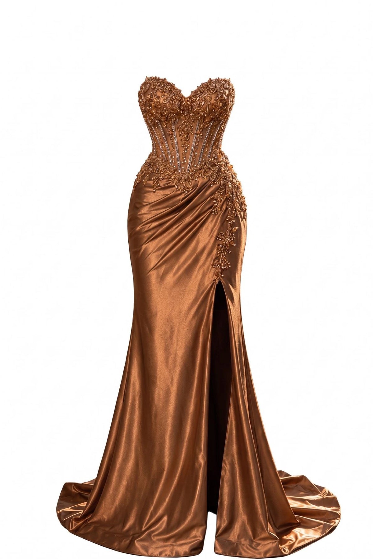 Beaded detailing accents this Mocha prom and evening dress.