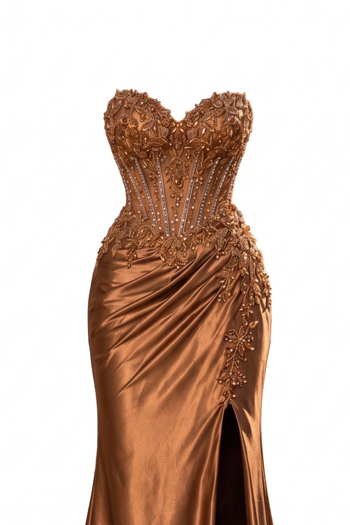 Detail of this Mocha prom and evening dress shows sparkling beadwork.