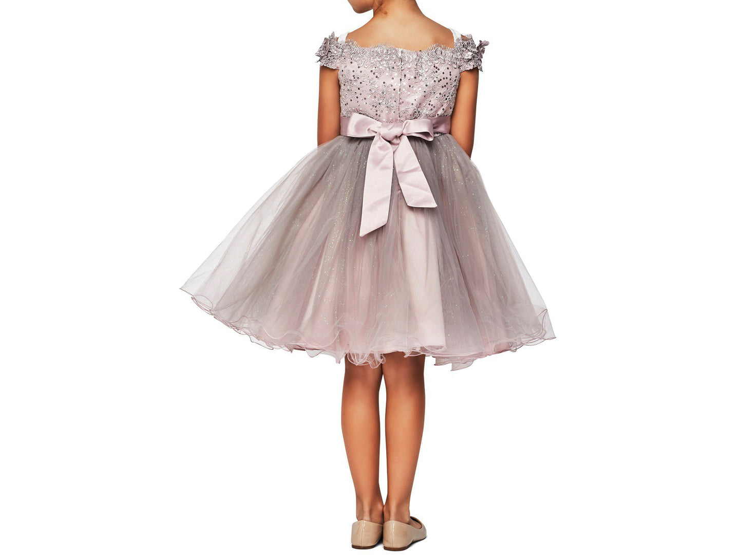 Mauve Off the shoulder Embedded 3D Floral & Rhinestones Sparkling Glitter Tulle Flower Girl Dress - back view of girl wearing dress showing bow