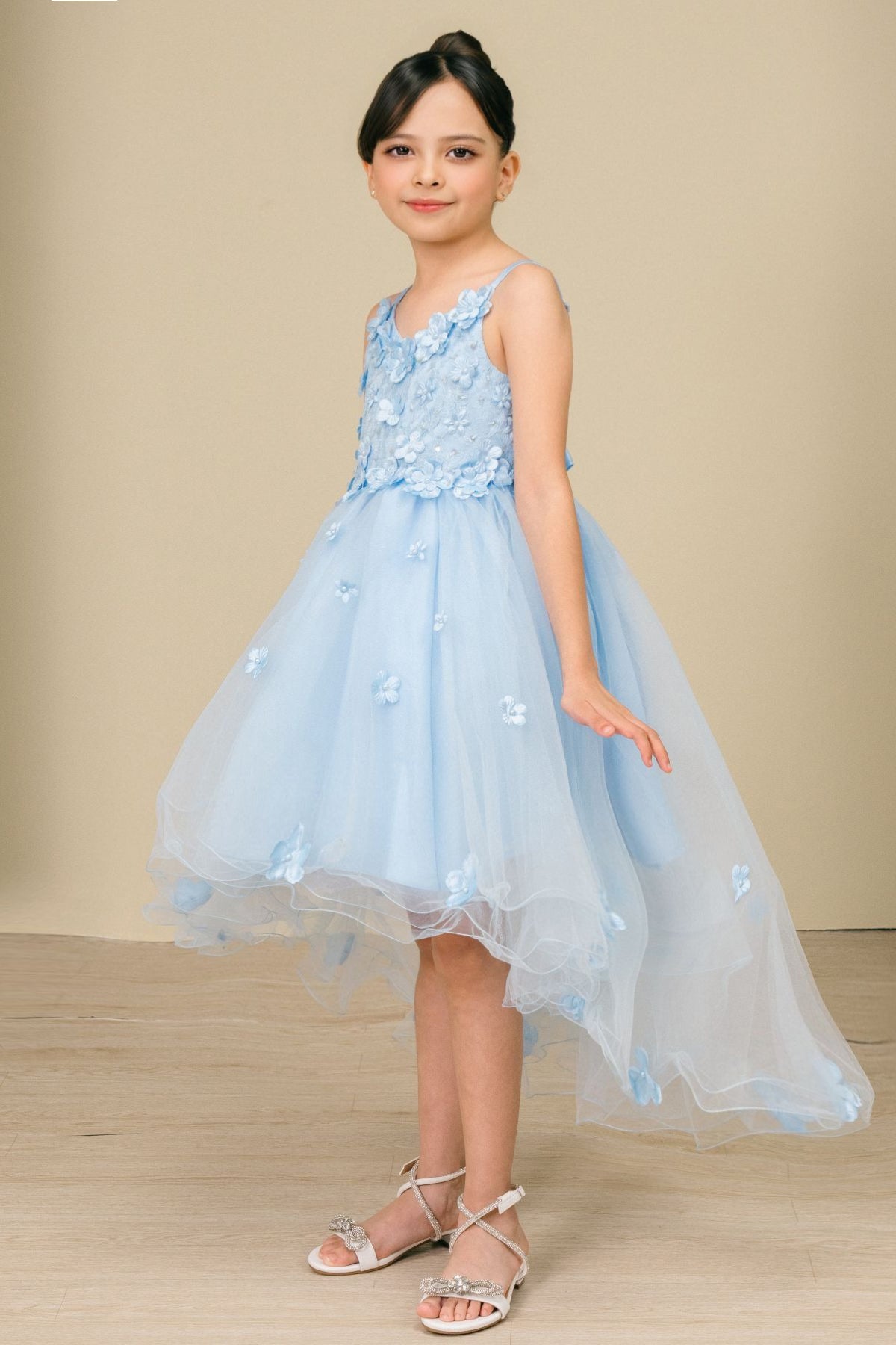 Sky Blue High-Low Tulle Dress with 3D Floral Design flower girl Dress.