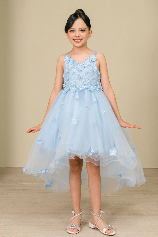 Shown in a front view, the Blue flower girl dress has sleeveless floral bodice and high-low tulle skirt.