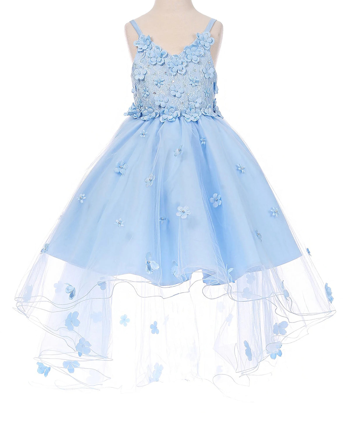 Light blue flower girl dress with floral embellishments.