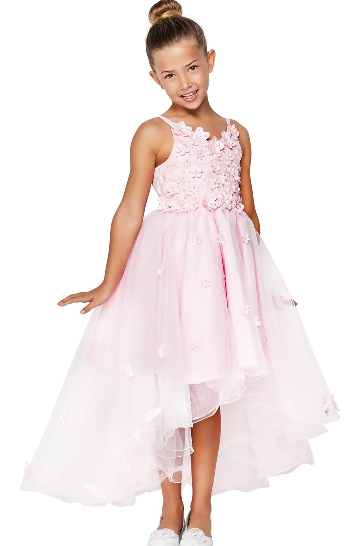 A pink floral flower girl dress.