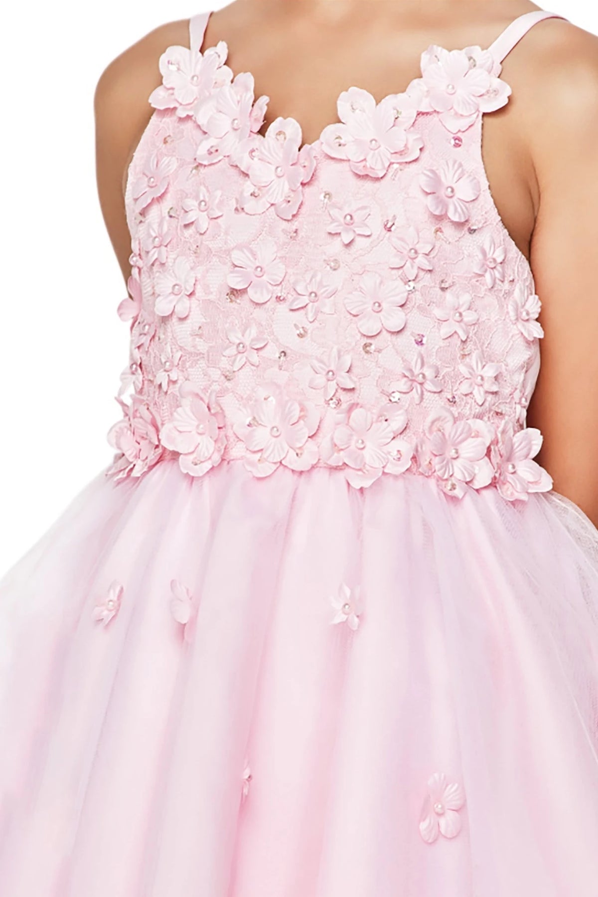 Pink flower girl dress with floral details.