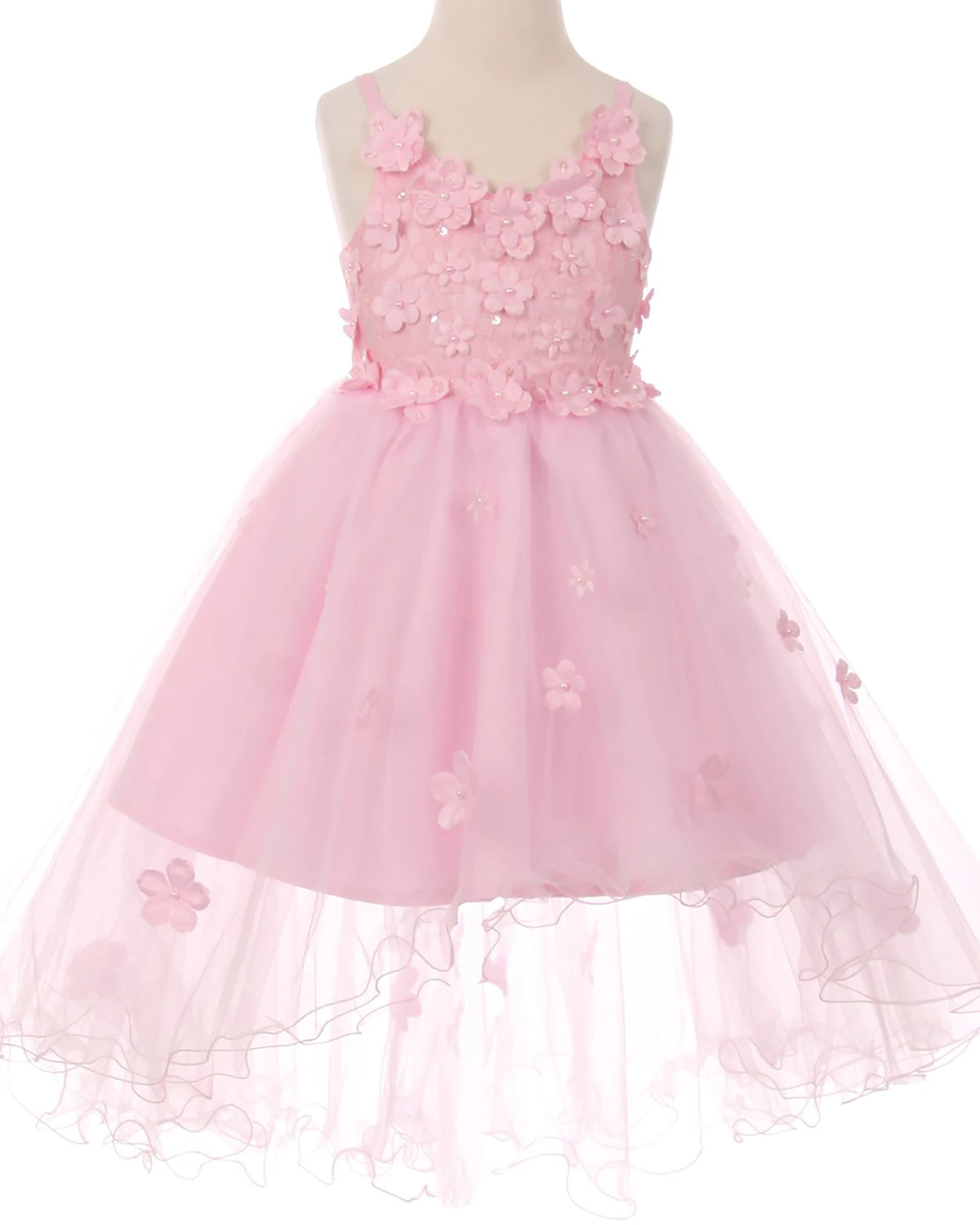 Pink flower girl dress with floral embellishments.