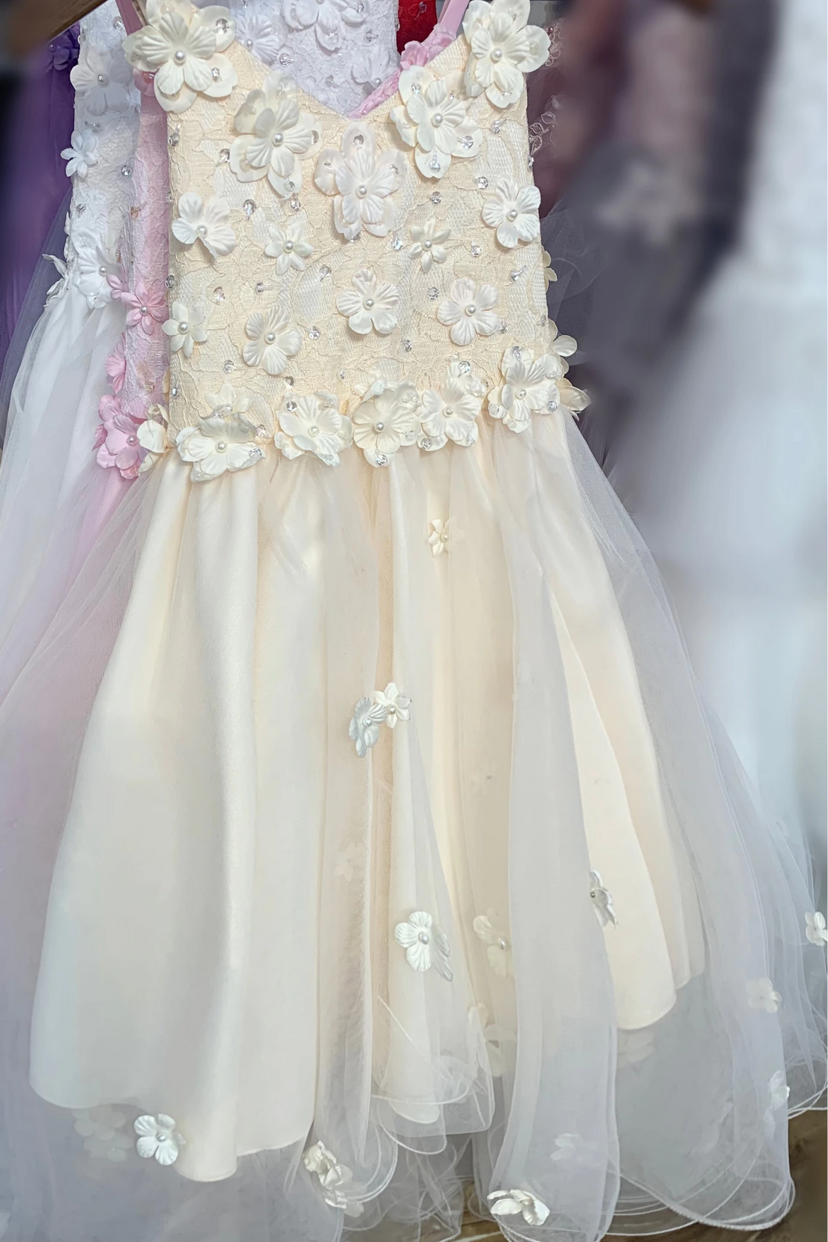 Front view of champagne high-low tulle flower girl dress with 3D floral appliqué bodice and cascading layered high-low skirt.