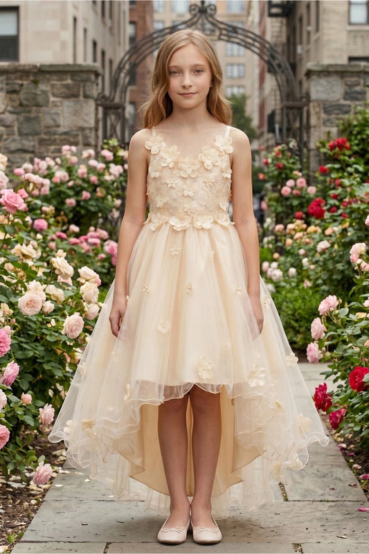 Displayed in a front view, the Champagne flower girl dress has floral bodice and high-low skirt with floral appliques.