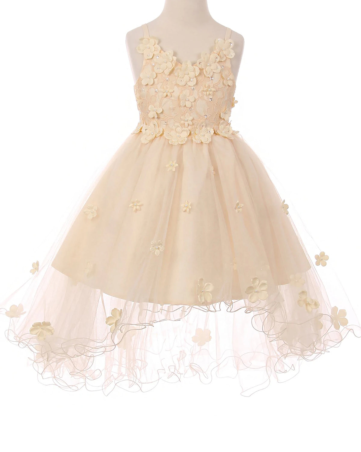 Champagne flower girl dress with floral embellishments.