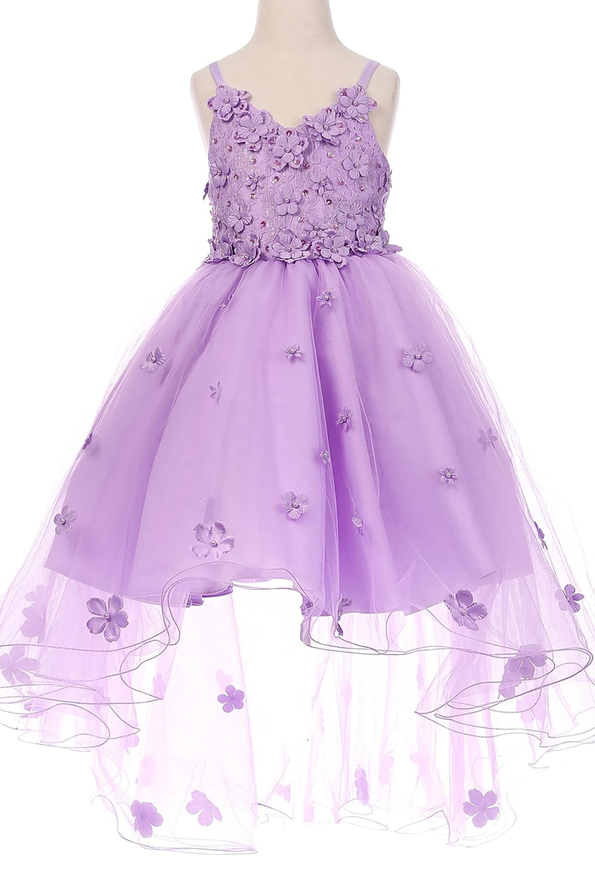 Front-facing in lilac high-low tulle flower girl dress with 3D floral appliqué bodice and cascading layered high-low skirt.
