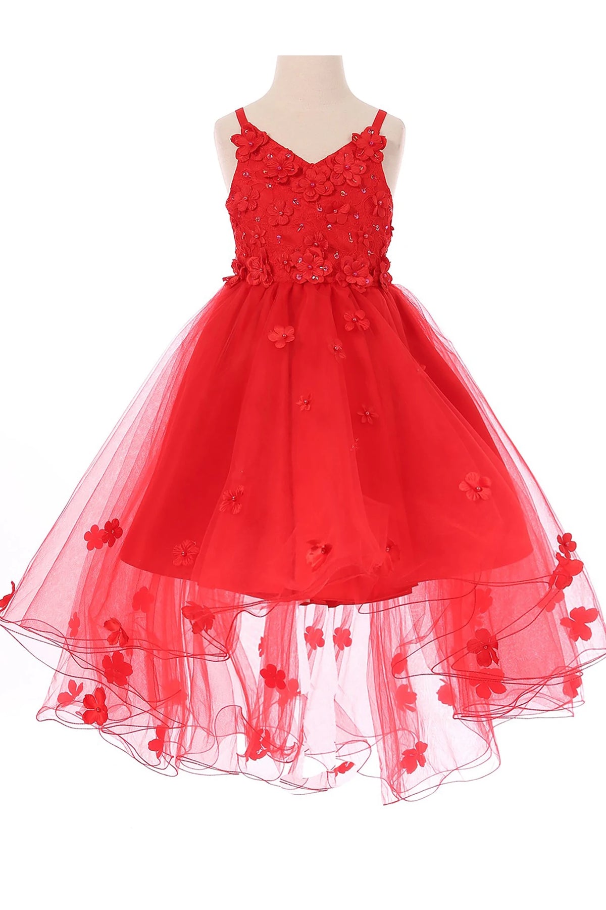 Front-facing in red high-low tulle flower girl dress with 3D floral appliqué bodice and cascading layered high-low skirt.
