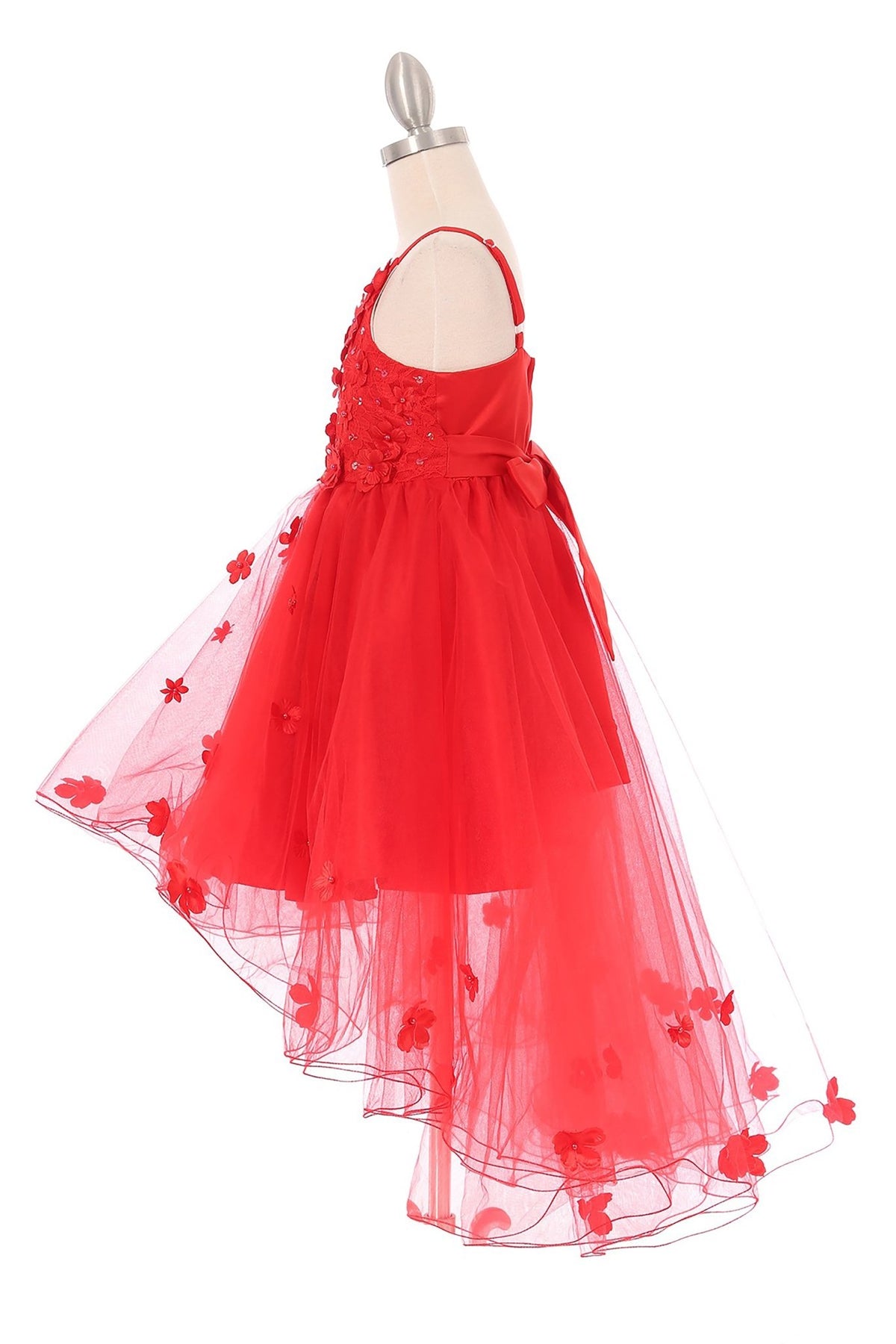 Red flower girl dress with floral details.