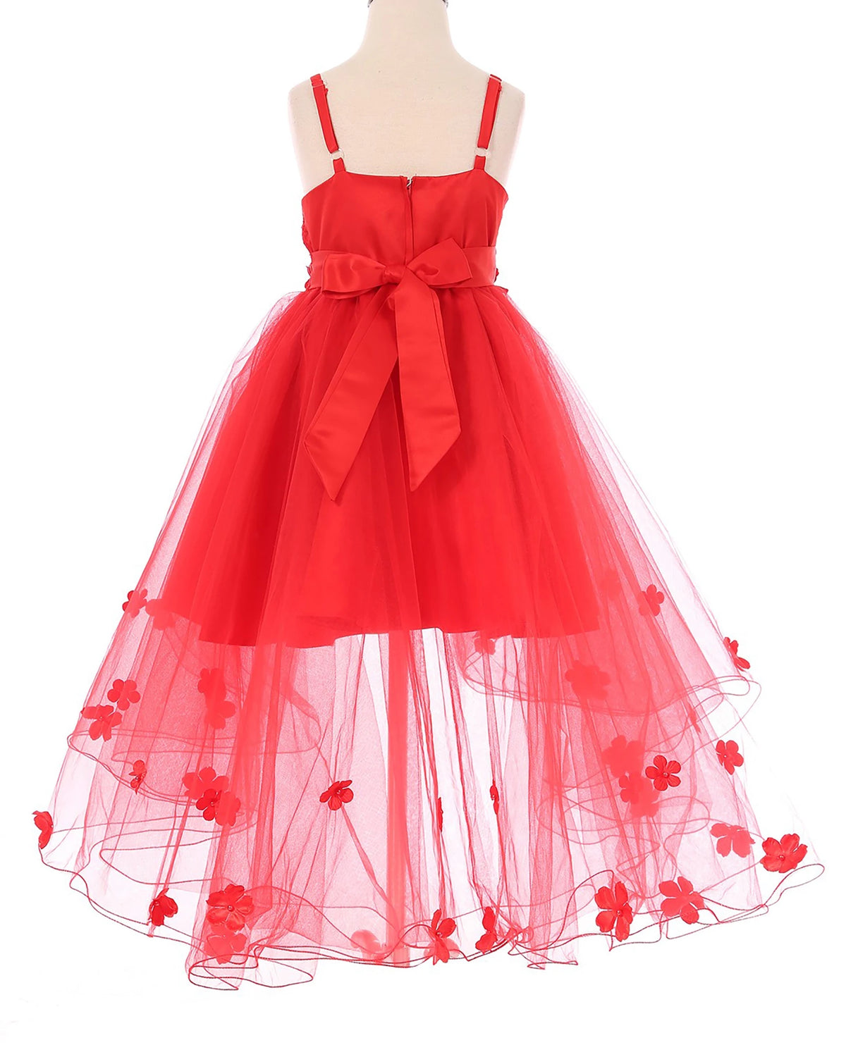 Red flower girl dress with floral details.